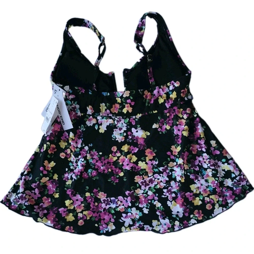 Lands End Women's Black Floral Tankini Swimsuit Size 10 Adjustable Strap (373)